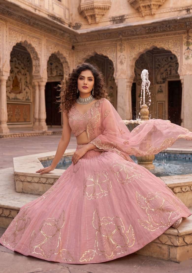 Baby Pink Lehenga Set with Embroidered for Diwali | Wedding & Festive Wear - Indya
