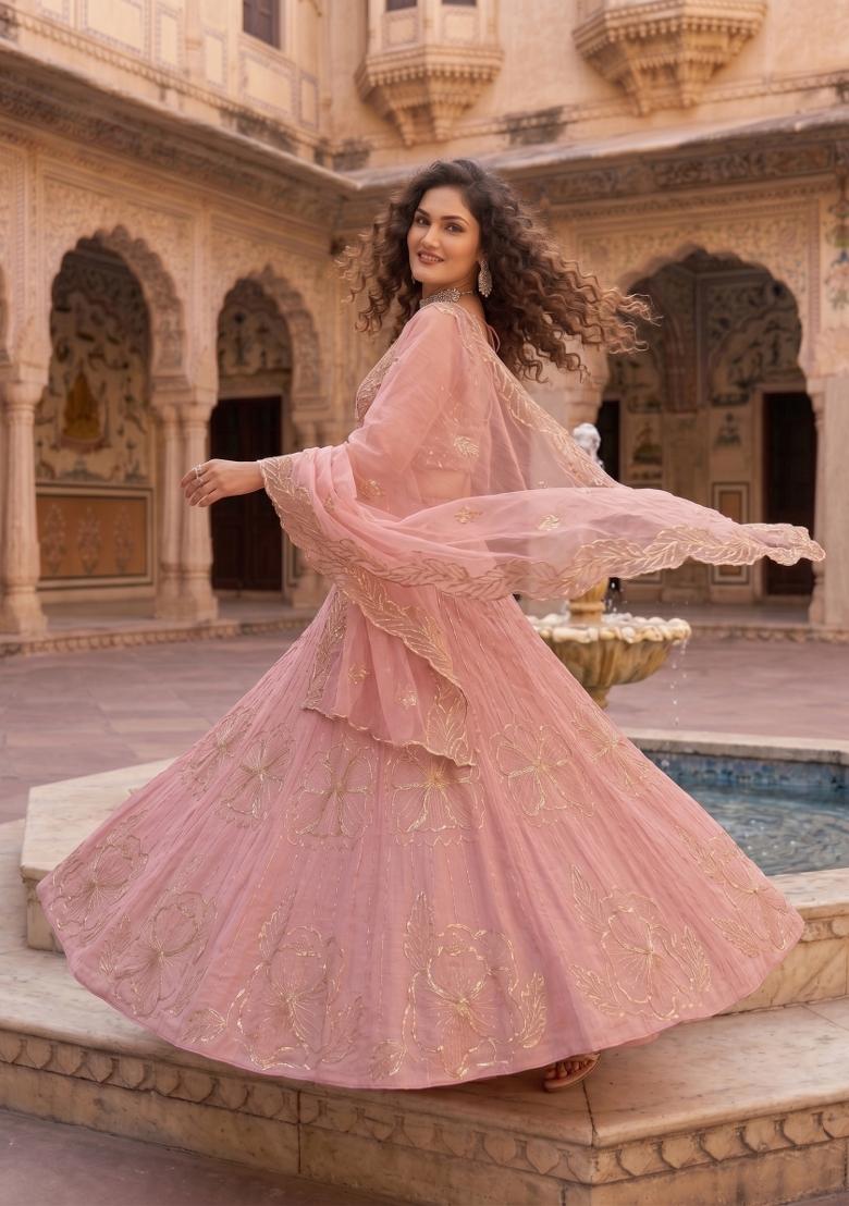Baby Pink Embroidered Lehenga Set - Indya