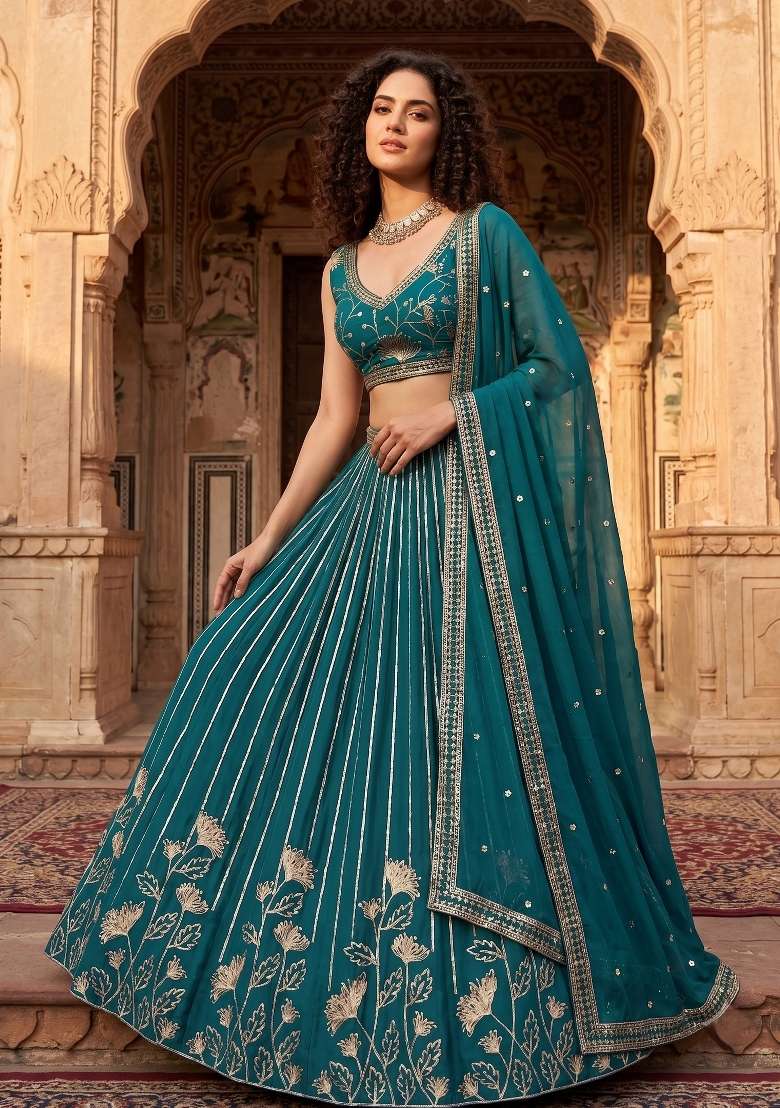 Teal Embroidered Georgette Lehenga Set for Diwali and Festive Wear - Indya