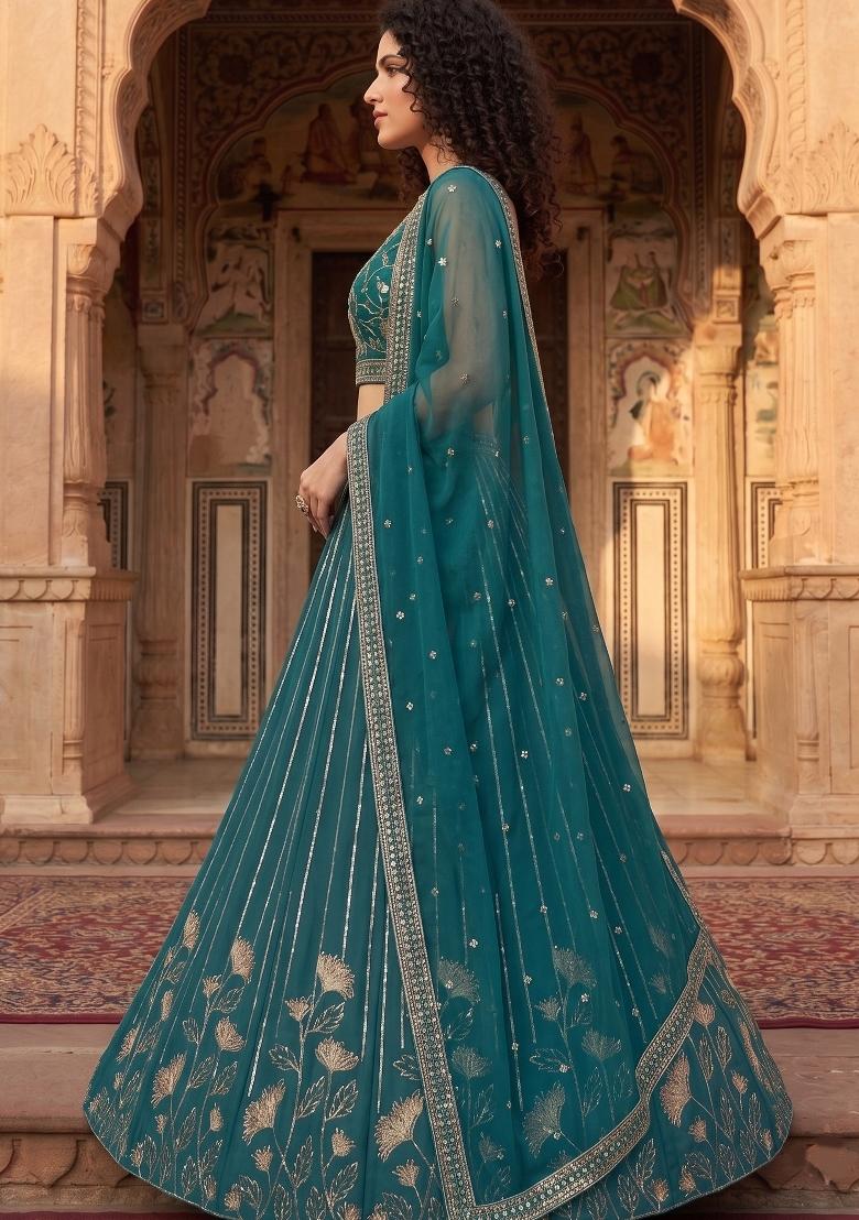Teal Embroidered Georgette Lehenga Set - Indya