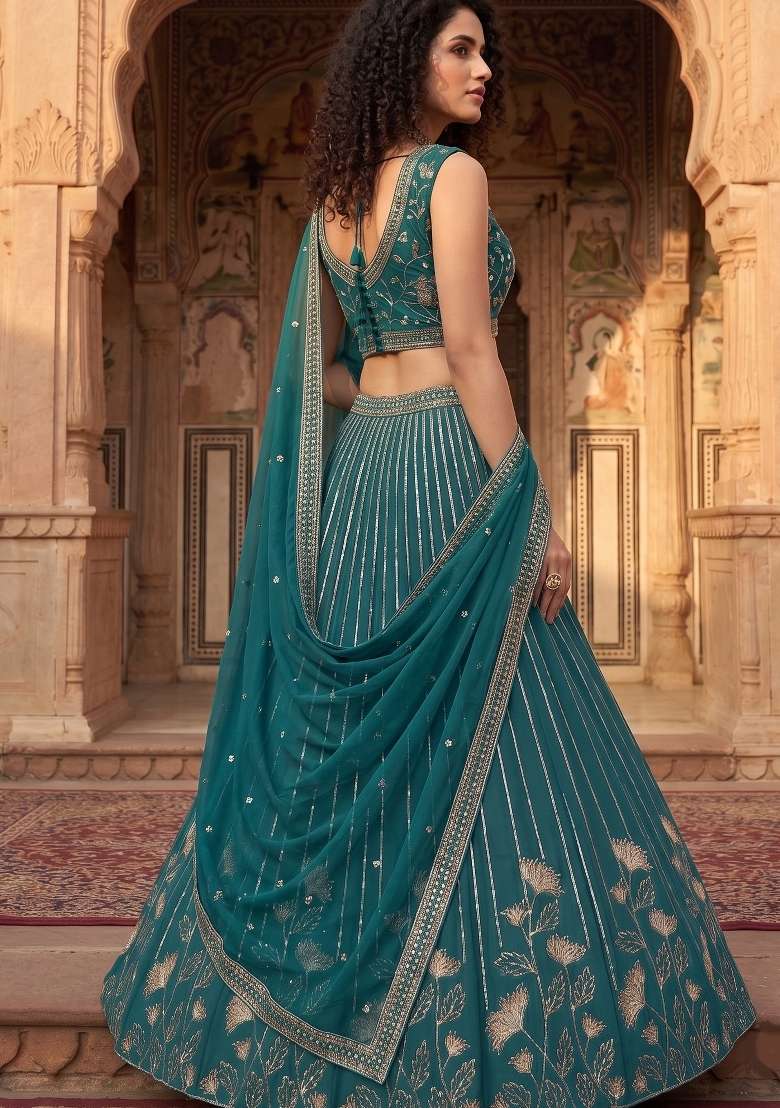 Teal Embroidered Georgette Lehenga Set for Diwali and Festive Wear - Indya
