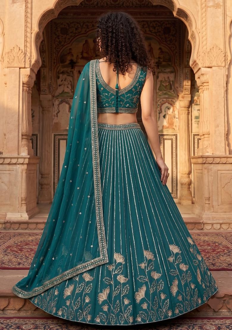 Teal Embroidered Georgette Lehenga Set - Indya
