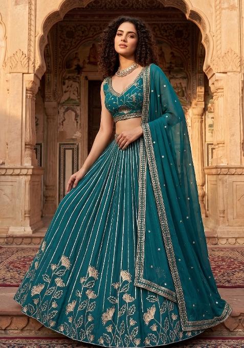 Teal Embroidered Georgette Lehenga Set