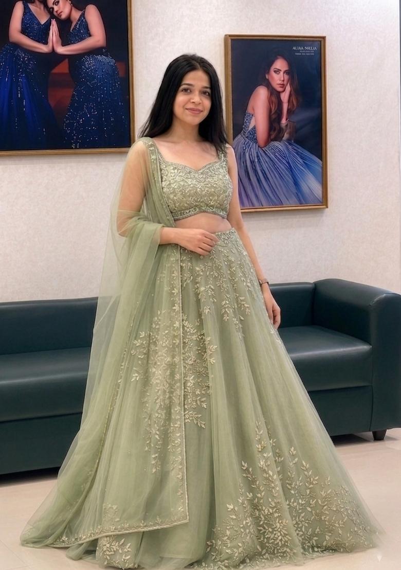 Sea Green Embroidered Organza Lehenga Set - Indya