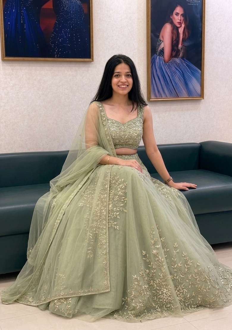 Sea Green Organza Lehenga Set with Embroidered for Diwali | Wedding & Festive Wear - Indya