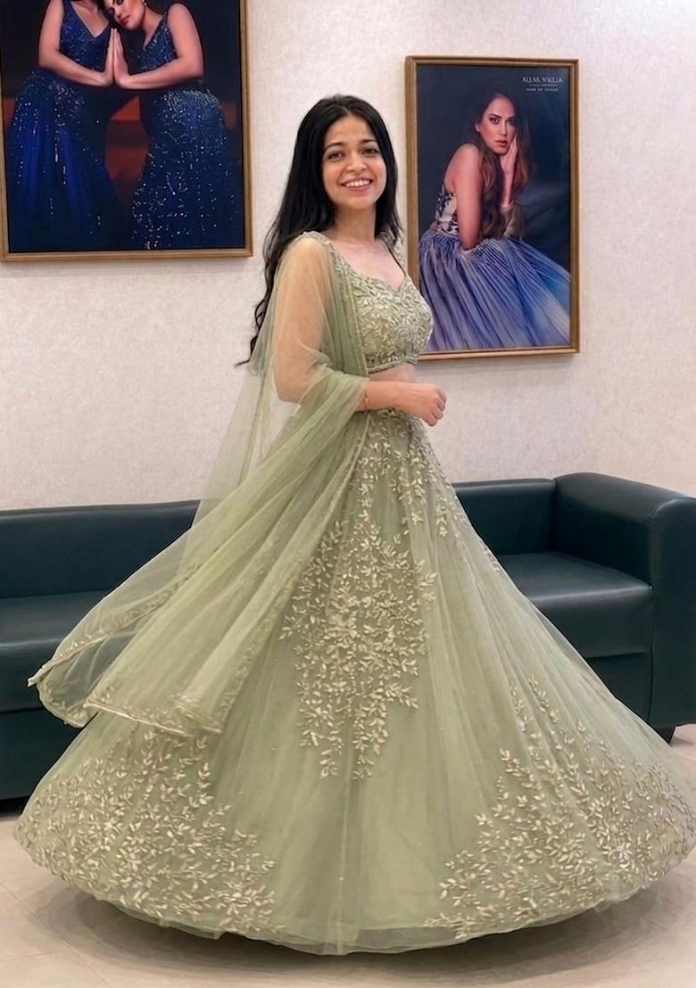 Sea Green Embroidered Organza Lehenga Set - Indya