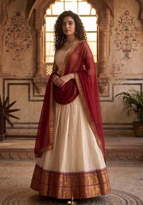 Cream Zari Work Cotton Lehenga Set
