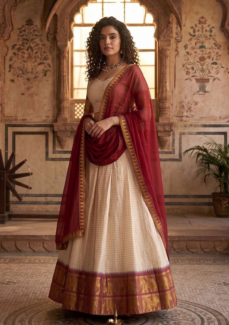 Cream Zari Work Cotton Lehenga Set for Diwali and Festive Wear - Indya