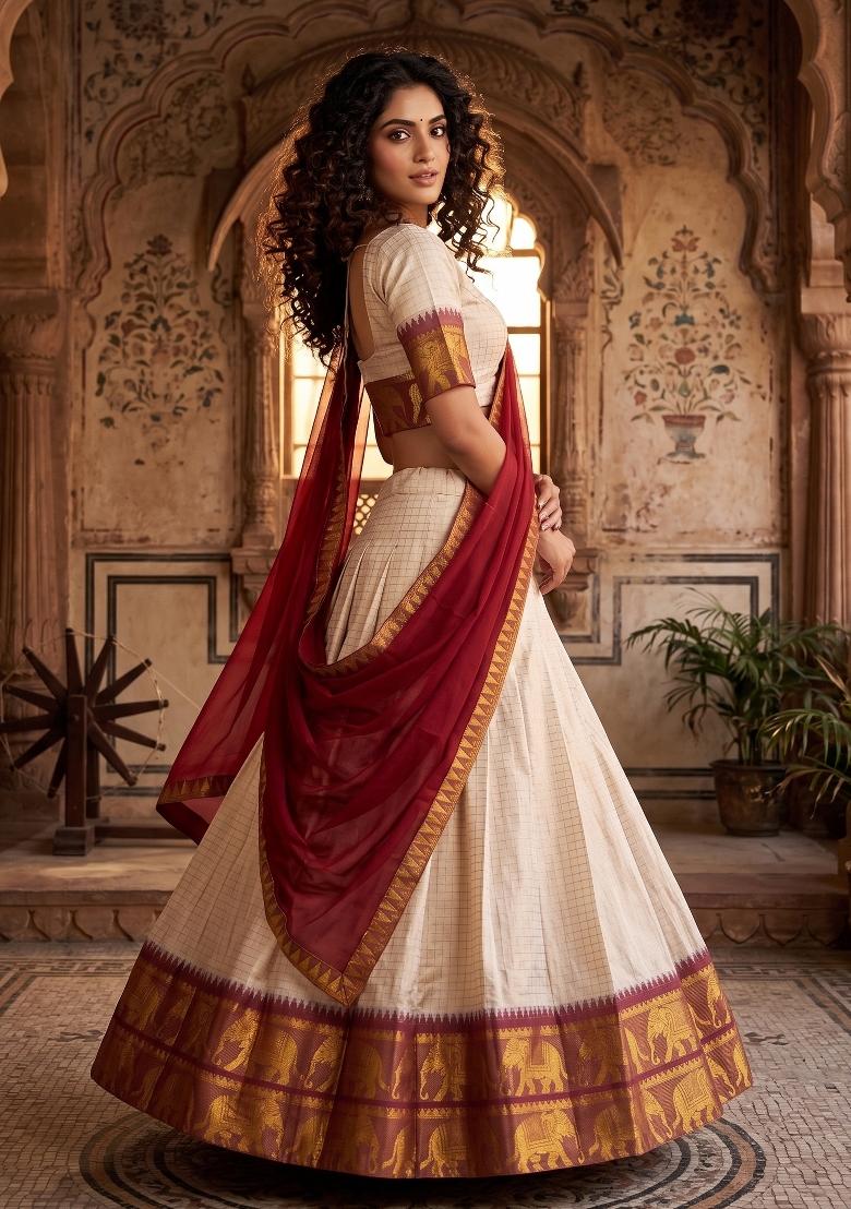 Cream Zari Work Cotton Lehenga Set - Indya