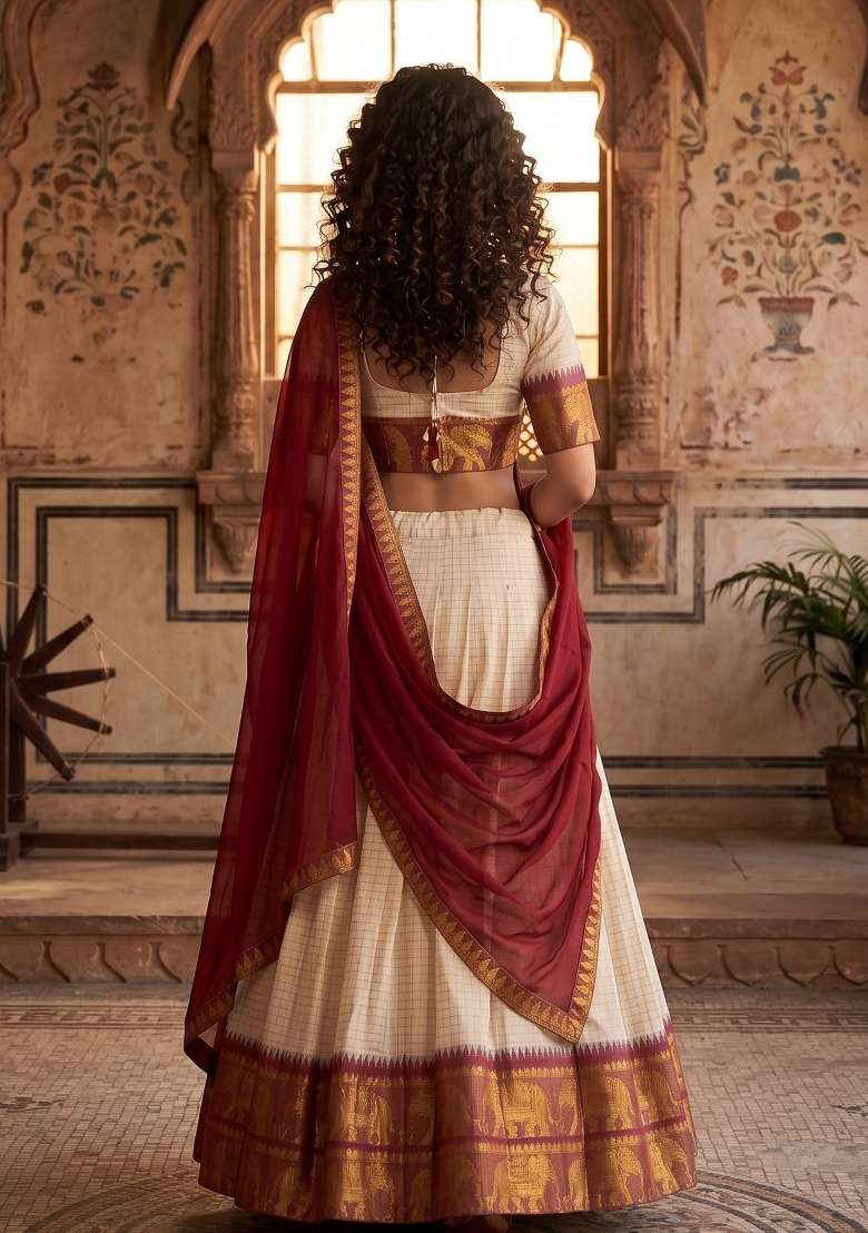Cream Zari Work Cotton Lehenga Set for Diwali and Festive Wear - Indya