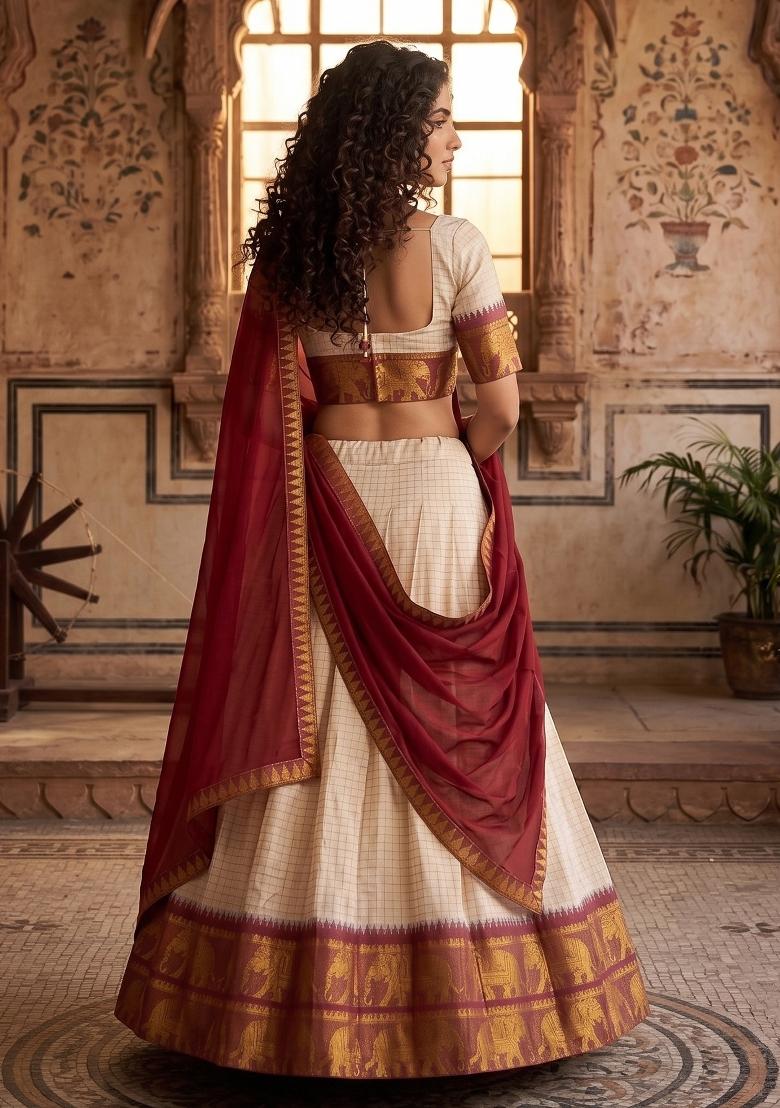 Cream Zari Work Cotton Lehenga Set - Indya