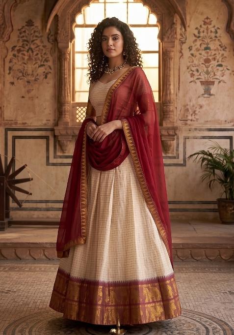 Cream Zari Work Cotton Lehenga Set