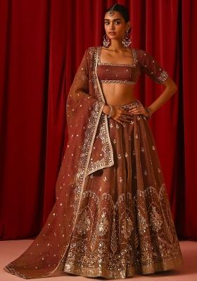 Brown Embroidered Silk Lehenga Set