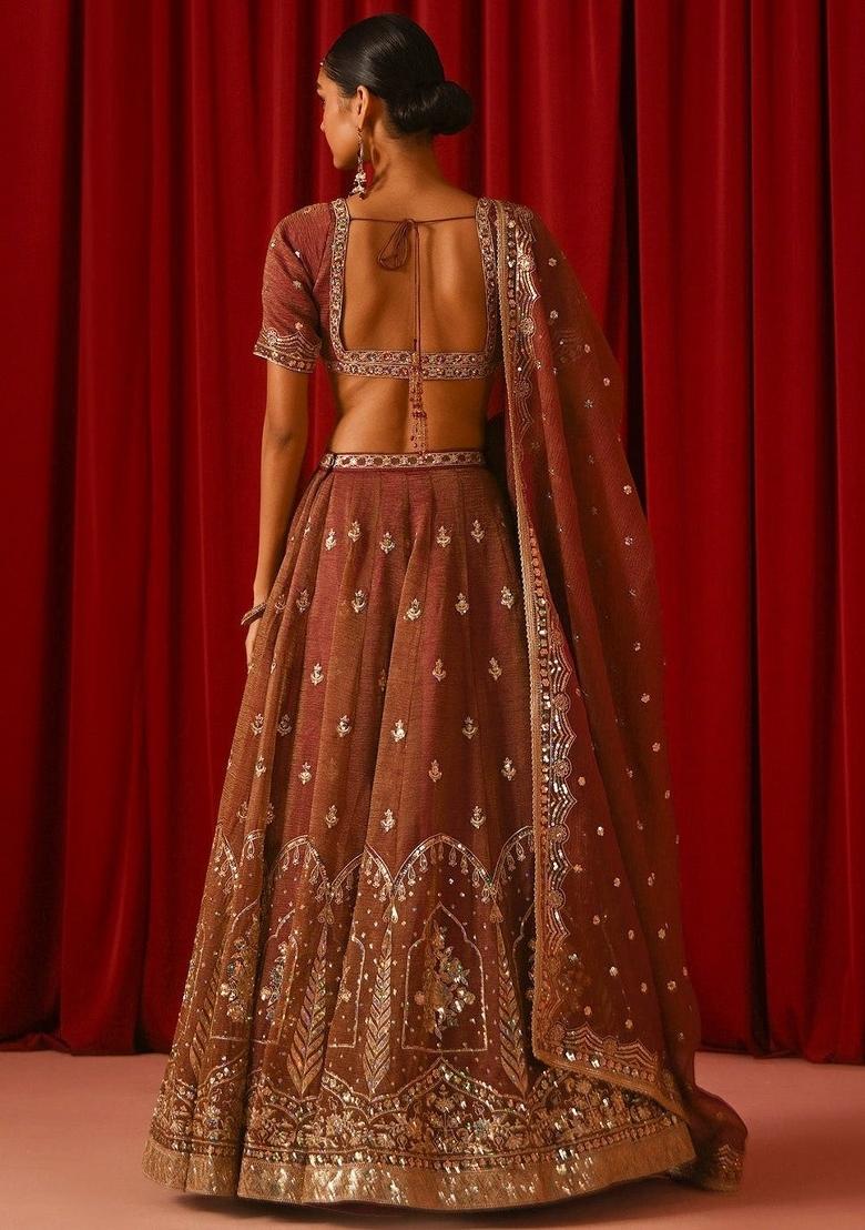 Brown Embroidered Silk Lehenga Set - Indya