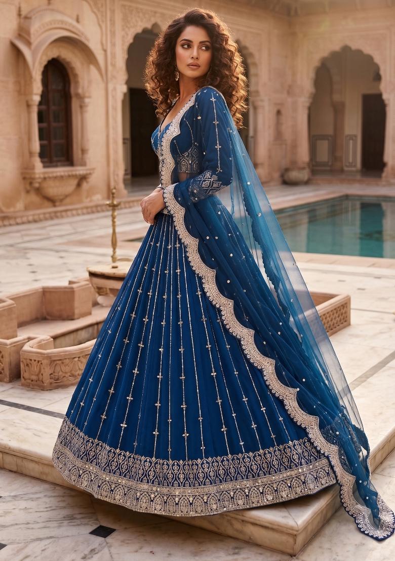 Royal Blue Embroidered Net Lehenga Set - Indya