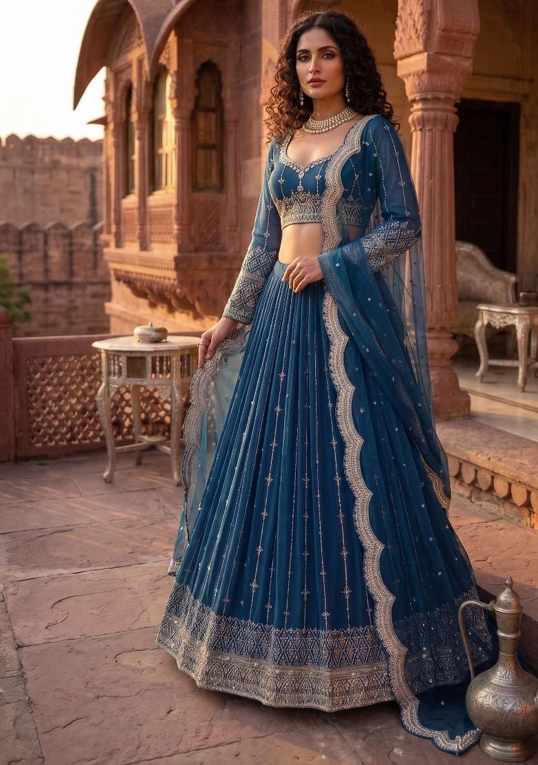 Royal Blue Embroidered Net Lehenga Set for Diwali and Festive Wear - Indya