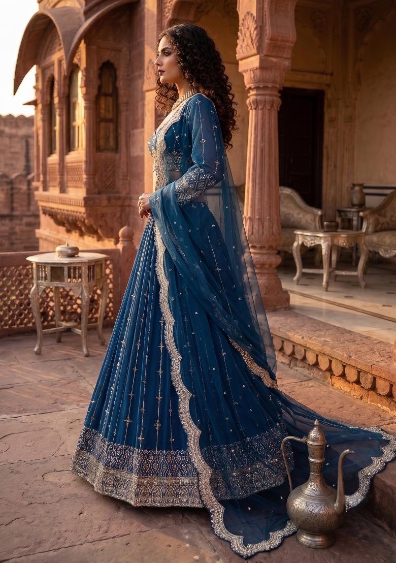 Royal Blue Embroidered Net Lehenga Set - Indya