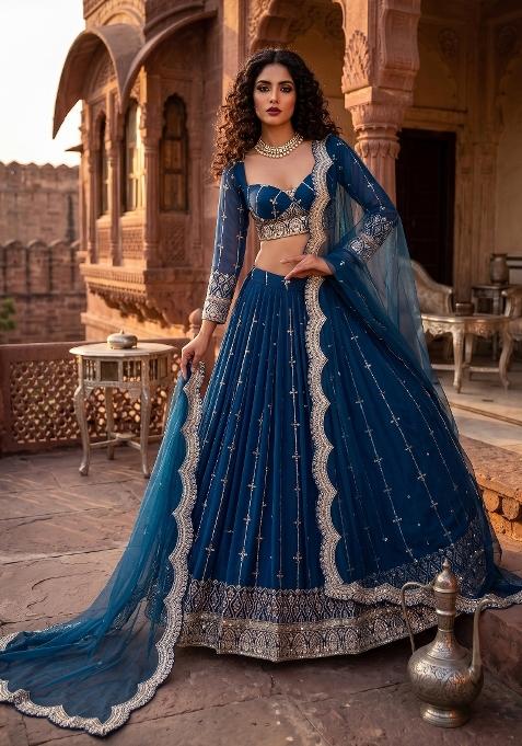 Royal Blue Embroidered Net Lehenga Set