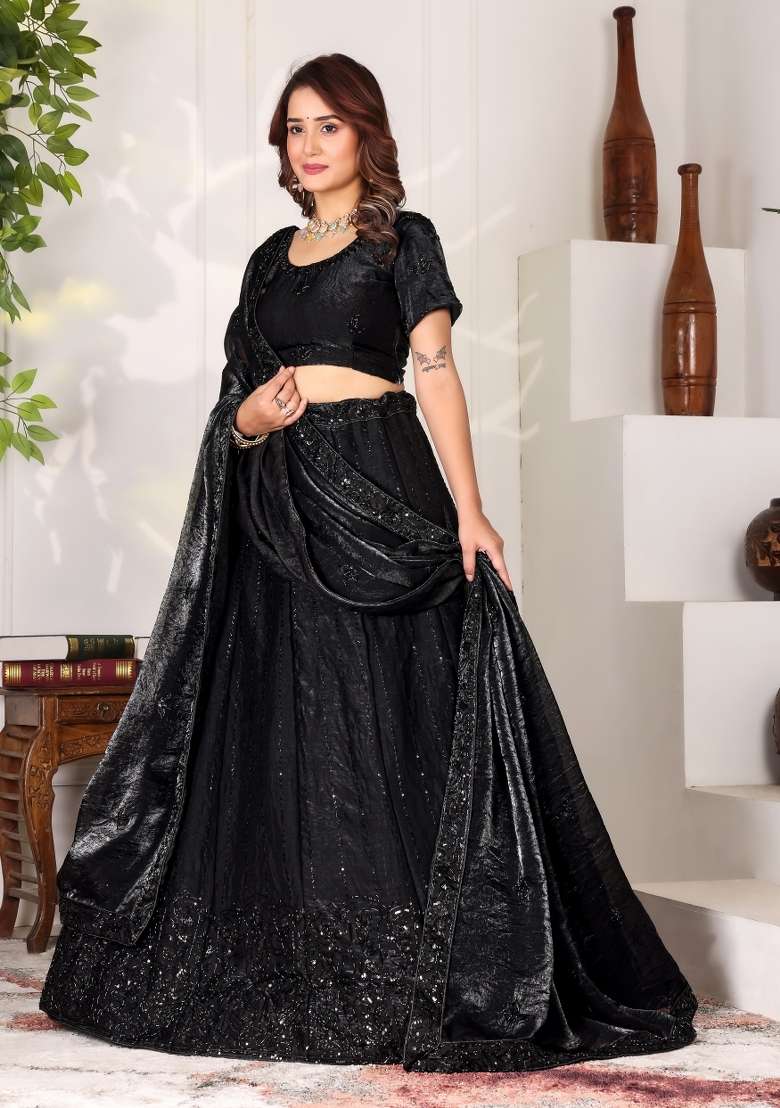 Black Embroidered Fendi Lehenga Set for Diwali and Festive Wear - Indya