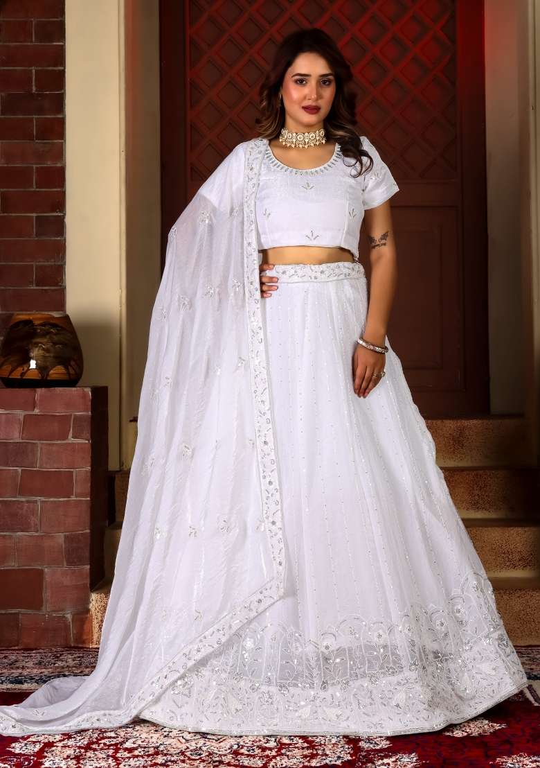 White Embroidered Fendi Lehenga Set for Diwali and Festive Wear - Indya