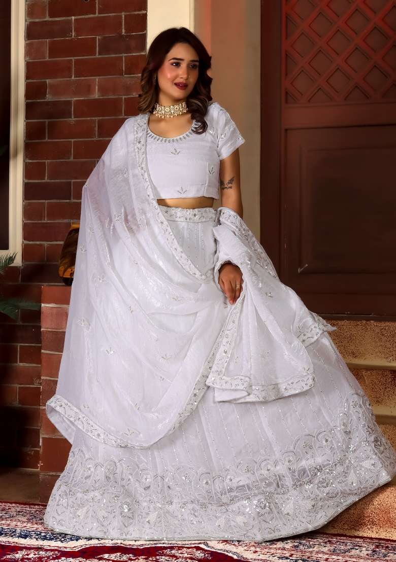 White Embroidered Fendi Lehenga Set for Diwali and Festive Wear - Indya