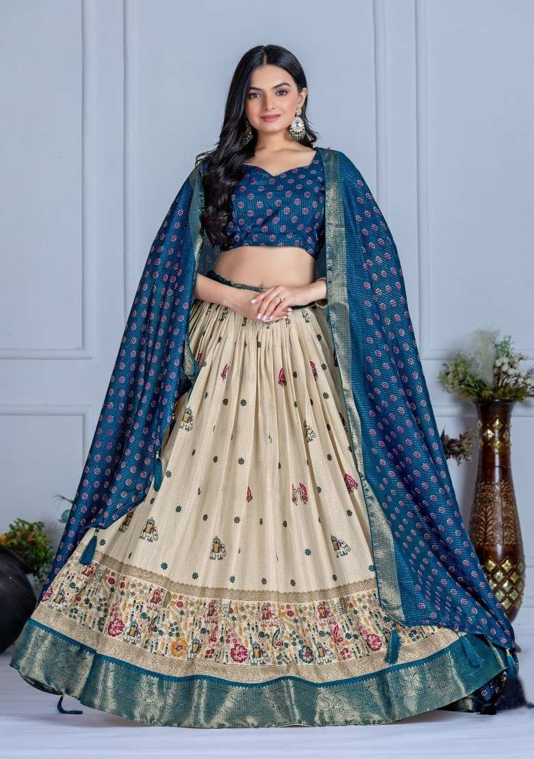 Blue Jacquard Lehenga Set with Printed for Diwali | Wedding & Festive Wear - Indya