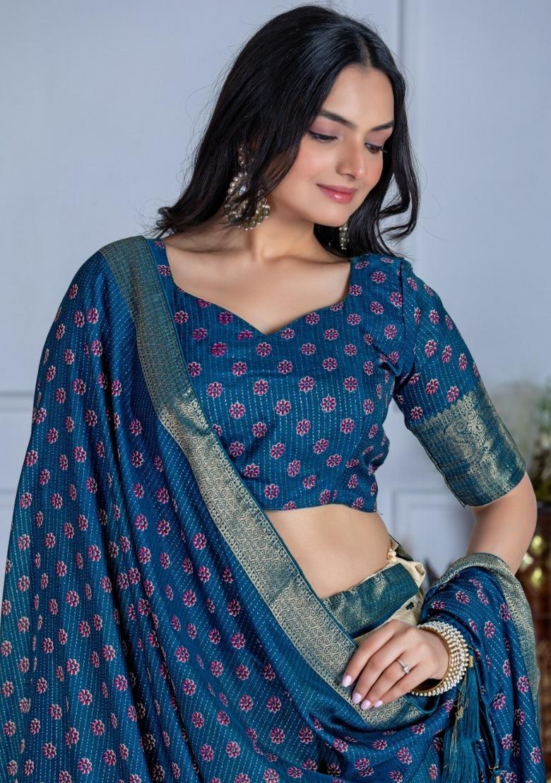 Blue Printed Jacquard Lehenga Set - Indya