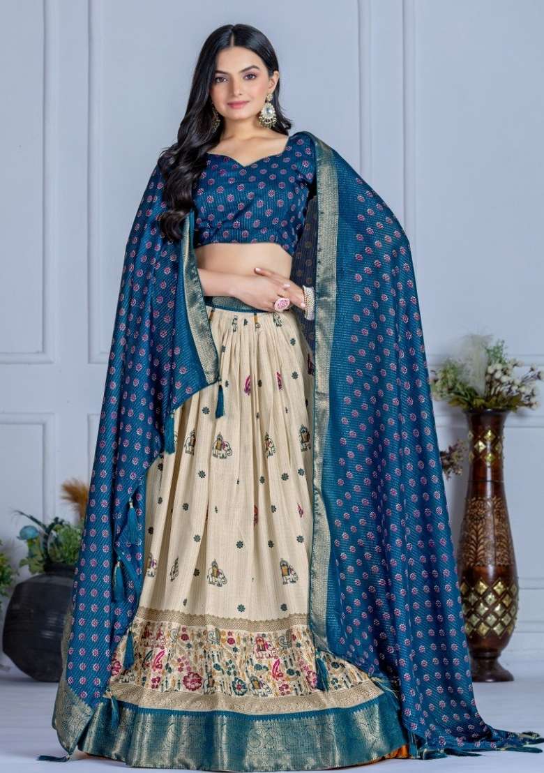 Blue Jacquard Lehenga Set with Printed for Diwali | Wedding & Festive Wear - Indya