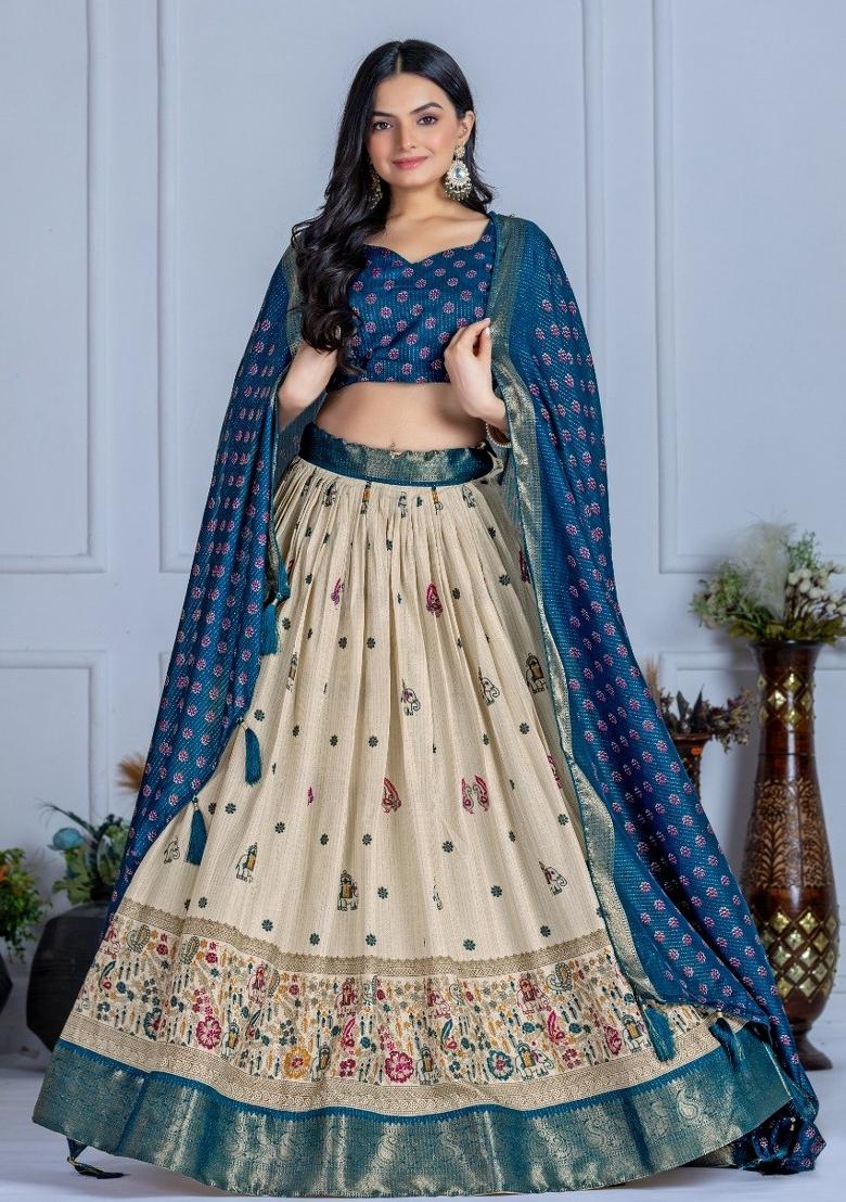 Blue Printed Jacquard Lehenga Set - Indya