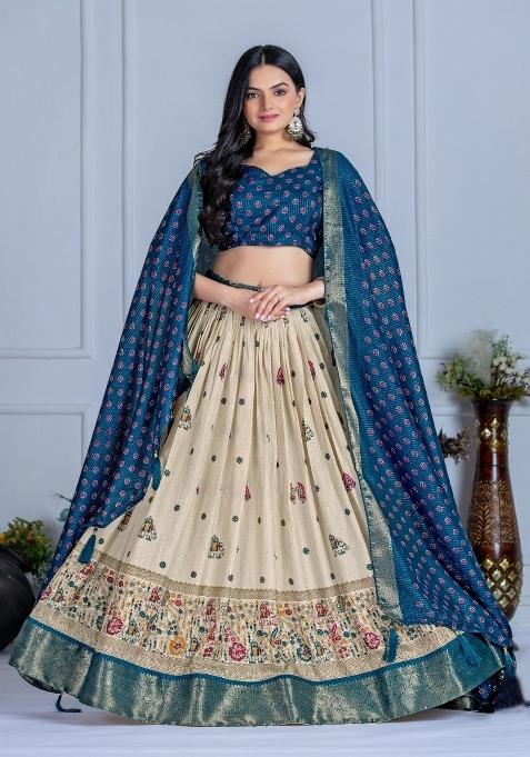Blue Printed Jacquard Lehenga Set