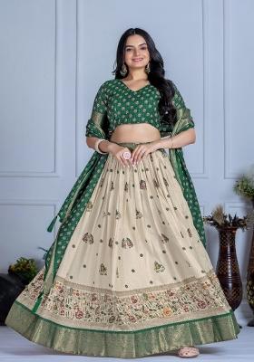 Green Printed Jacquard Lehenga Set
