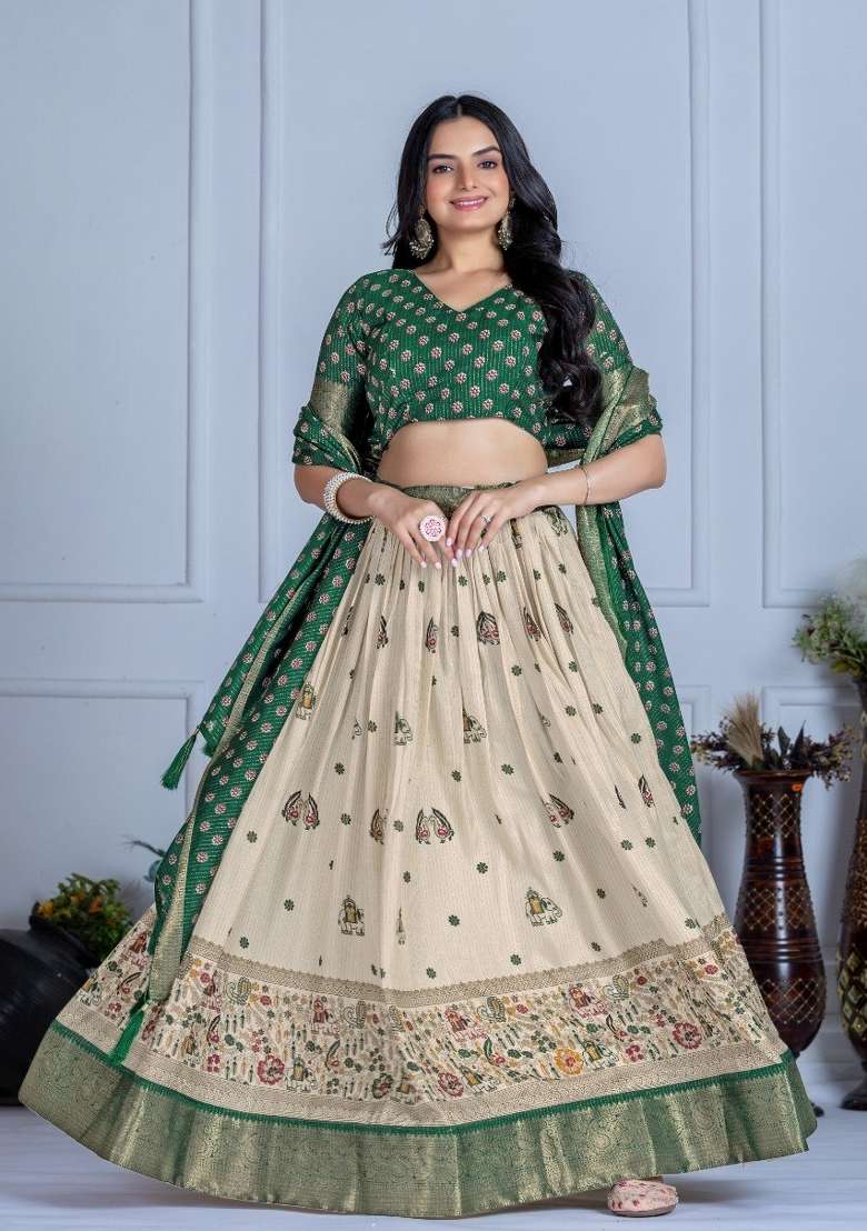 Green Printed Jacquard Lehenga Set for Diwali and Festive Wear - Indya
