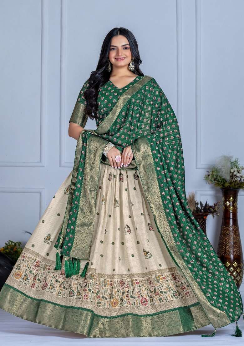Green Printed Jacquard Lehenga Set for Diwali and Festive Wear - Indya