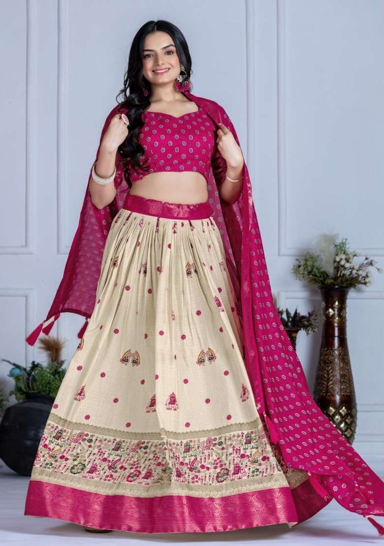 Pink Jacquard Lehenga Set with Printed for Diwali | Wedding & Festive Wear - Indya