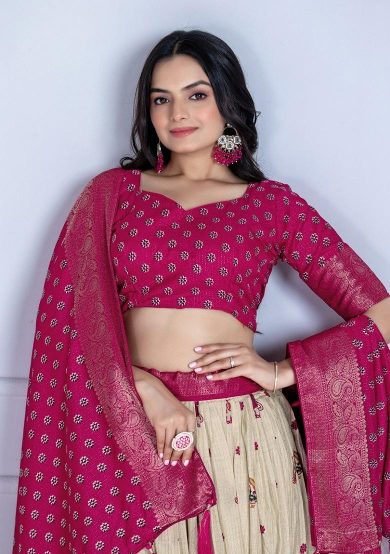 Pink Printed Jacquard Lehenga Set - Indya
