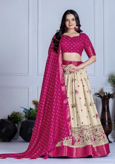 Pink Printed Jacquard Lehenga Set
