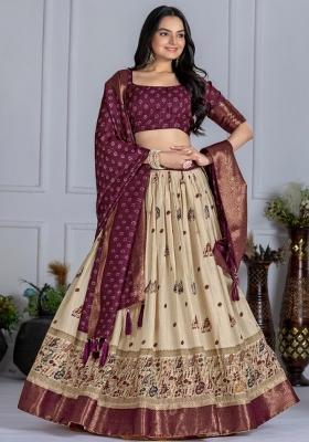 Wine Printed Jacquard Lehenga Set