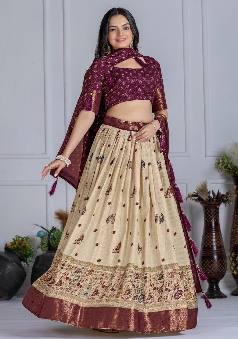 Wine Printed Jacquard Lehenga Set - Indya