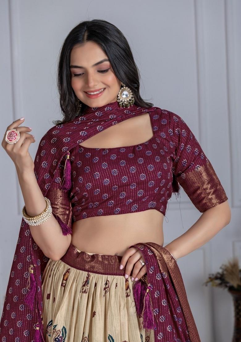 Wine Printed Jacquard Lehenga Set - Indya