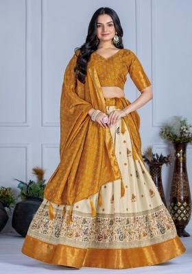 Yellow Printed Jacquard Lehenga Set