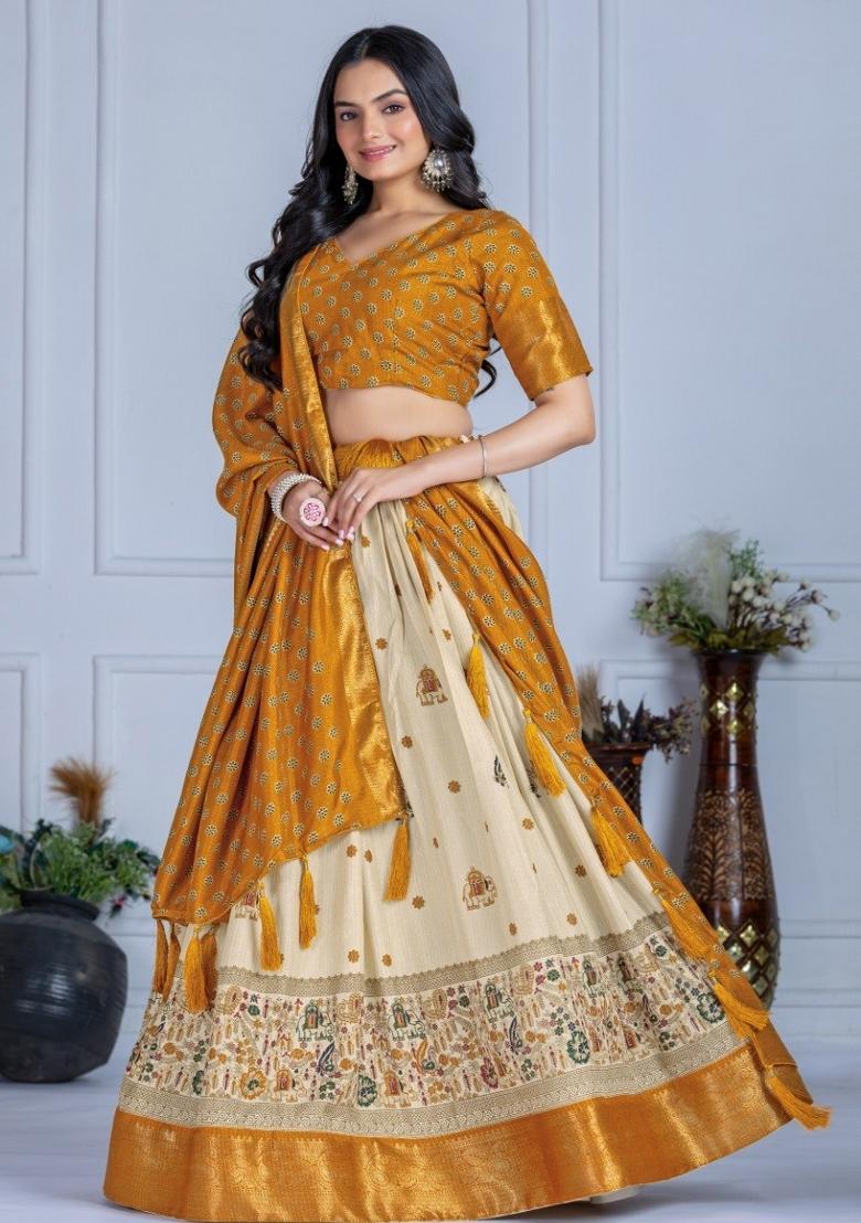 Yellow Printed Jacquard Lehenga Set - Indya