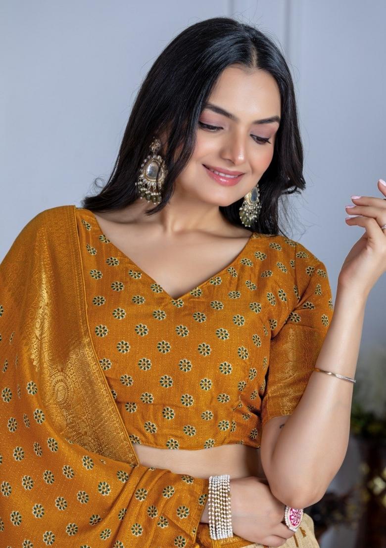 Yellow Printed Jacquard Lehenga Set - Indya