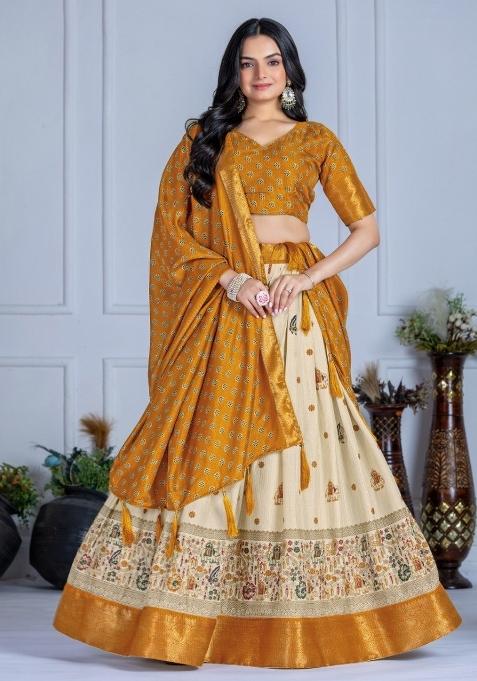 Yellow Printed Jacquard Lehenga Set