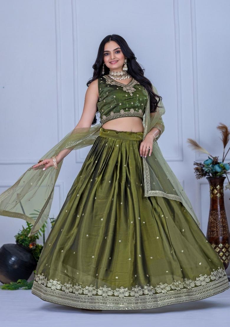 Mehendi Embroidered Net Lehenga Set - Indya