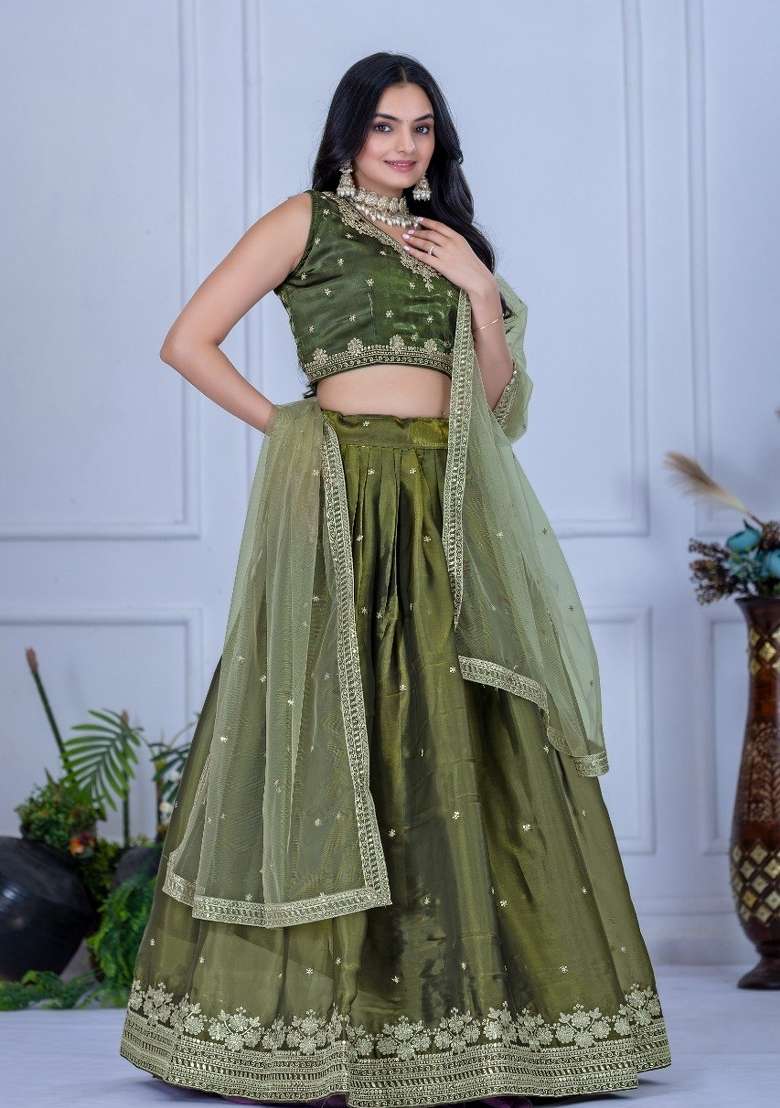 Mehendi Net Lehenga Set with Embroidered for Diwali | Wedding & Festive Wear - Indya