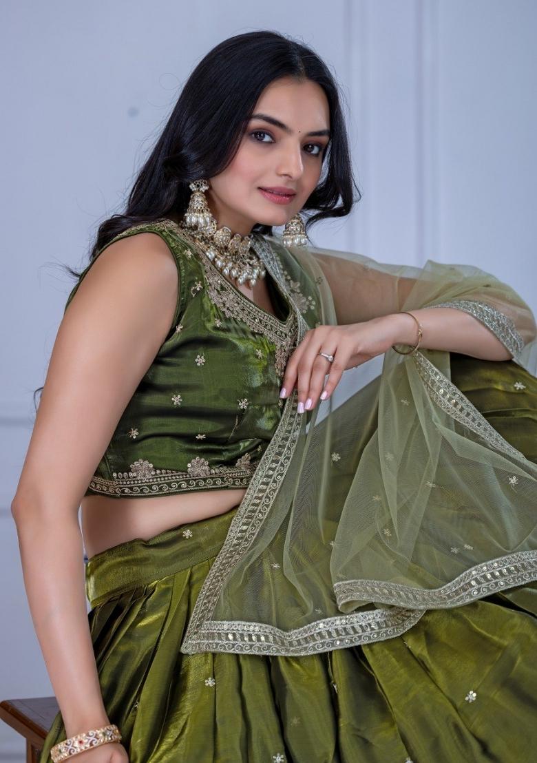 Mehendi Embroidered Net Lehenga Set - Indya