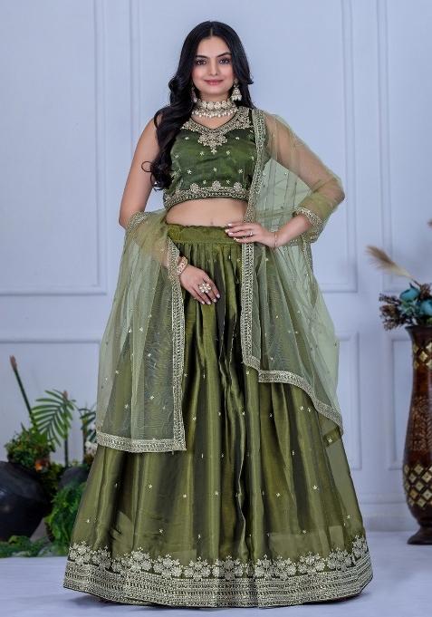 Mehendi Embroidered Net Lehenga Set