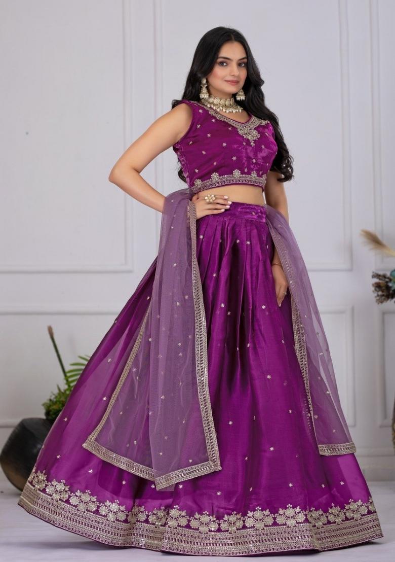 Wine Embroidered Net Lehenga Set - Indya