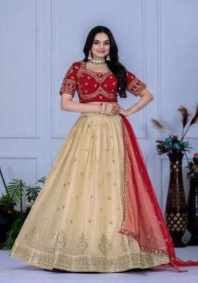 Off White Embroidered Net Lehenga Set