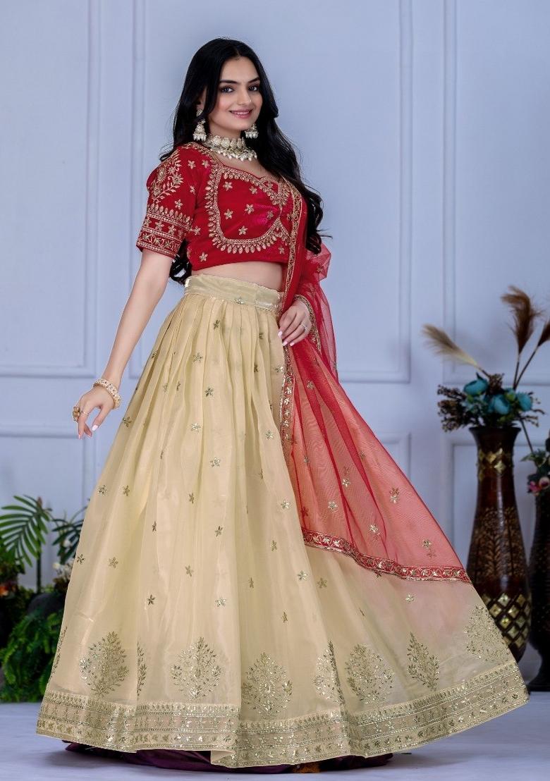Off White Embroidered Net Lehenga Set - Indya